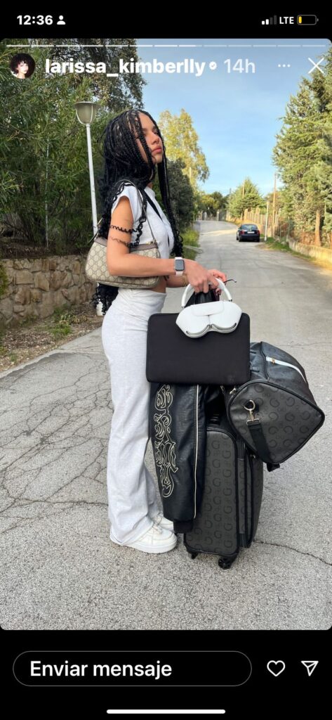 Larissa Kimberlly with her expensive traveling gear while victims of her family's marbella scam are losing their money.
